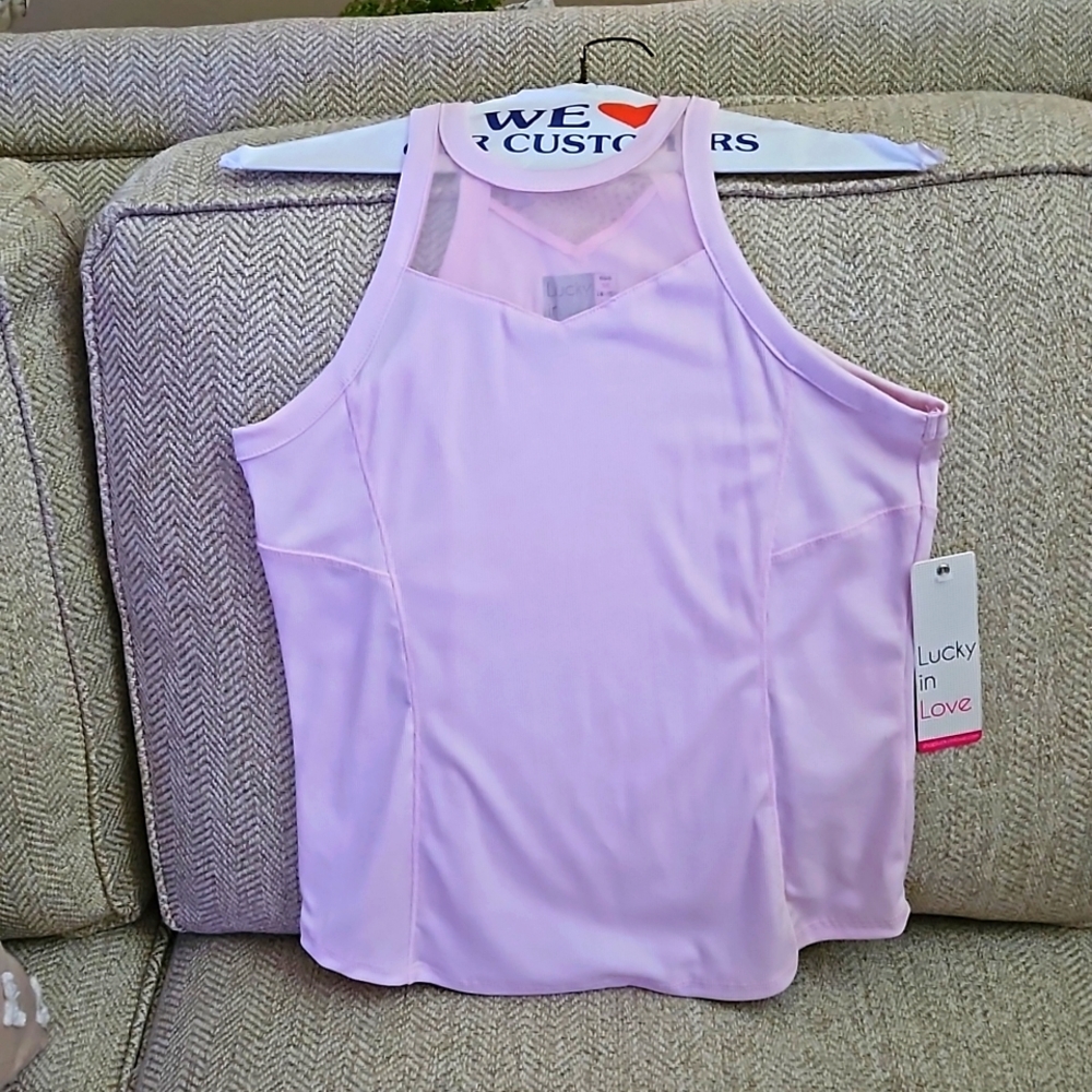 Lucky in Love, soft pink tank top. Size Medium